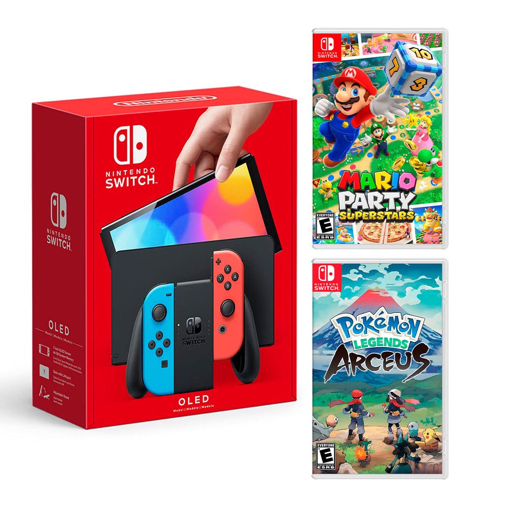 Nintendo Switch Modelo Oled Neon + Mario Party Superstar + Pokémon Legends Arceus