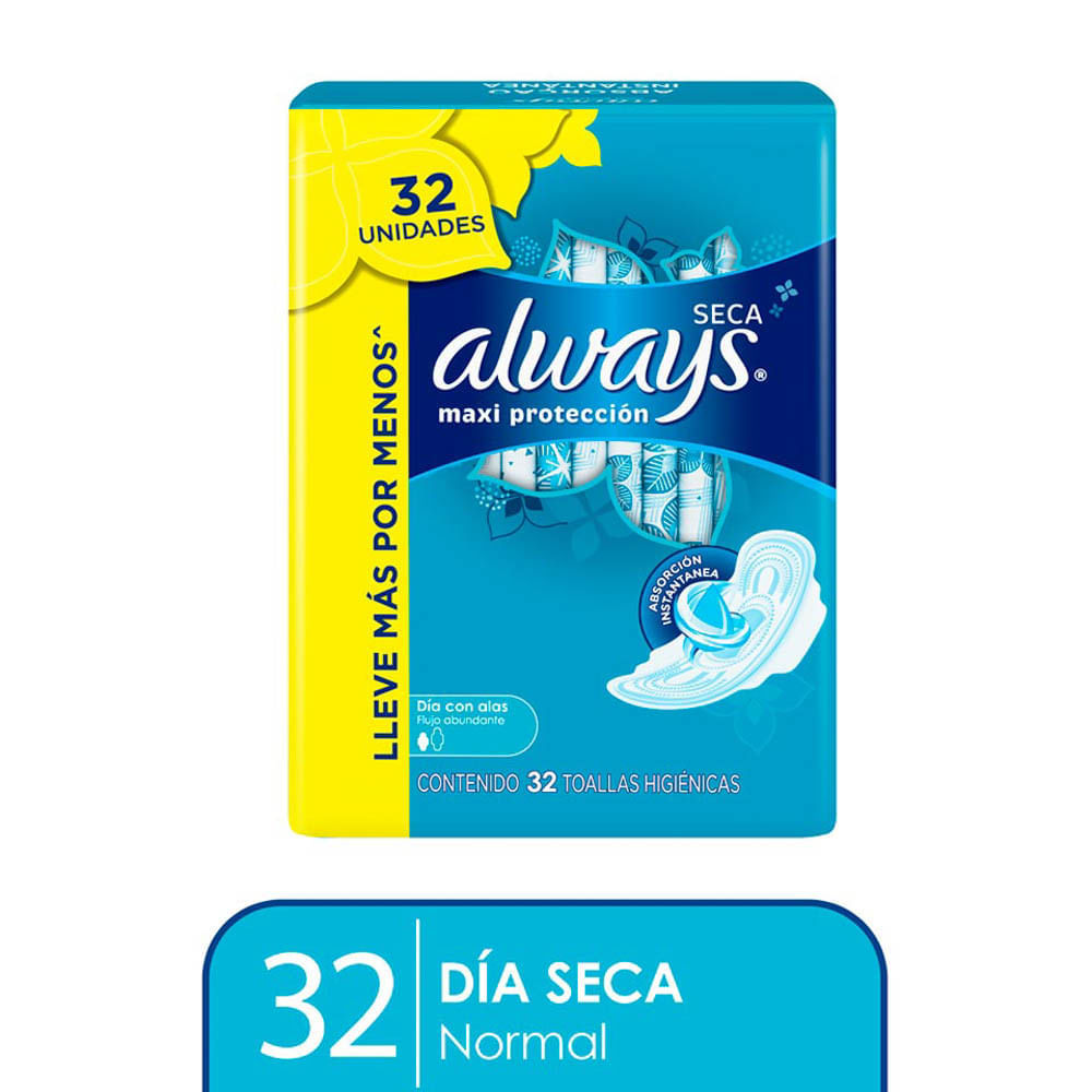 Toallas Higiénicas Always Seca Maxi Protección - Bolsa 32 UN