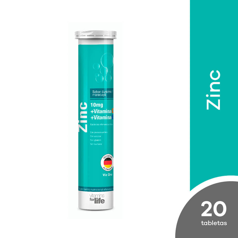 Zinc 10 mg + Vitamina C + Vitamina E Vitamins For Life Tableta Efervescente Sabor Durazno / Maracuyá