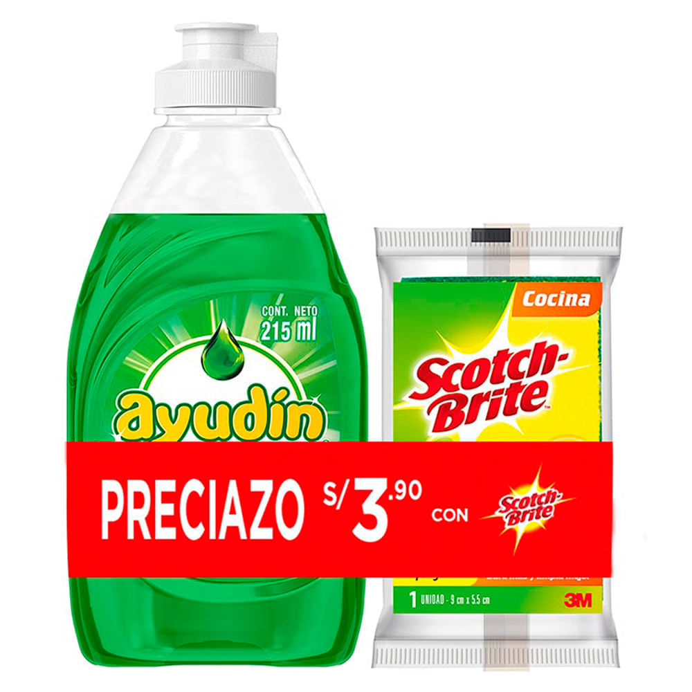 Lavavajillas Líquido Ayudín Limón 215ml + Esponja de Cocina