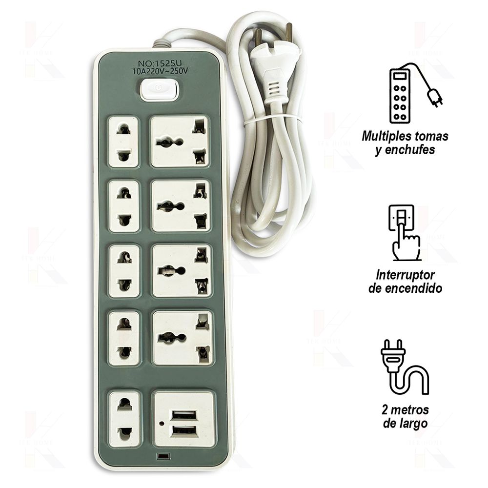 Enchufe Tomacorriente Extensión Múltiple 4 Tomas + 4 Puertos USB