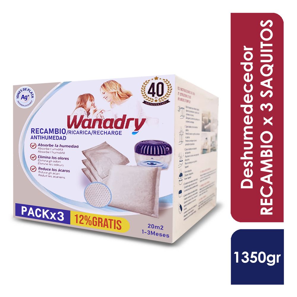 Recambio Deshumedecedor Wanadry pack x 3 Saquitos de 450gr c/u