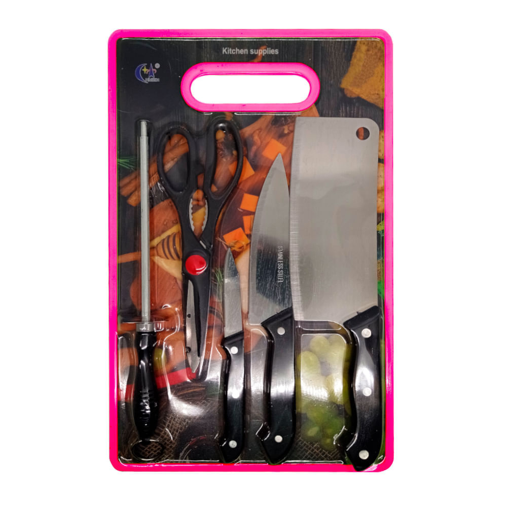 Set de Cuchillos para Cocina + Tabla de Picar Fucsia