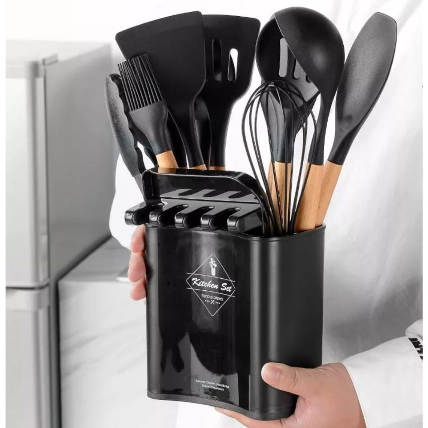 Juego de utensilios de cocina antiadherentes de silicona con soporte,  utensilios de cocina para tu hermosa cocina (gris)