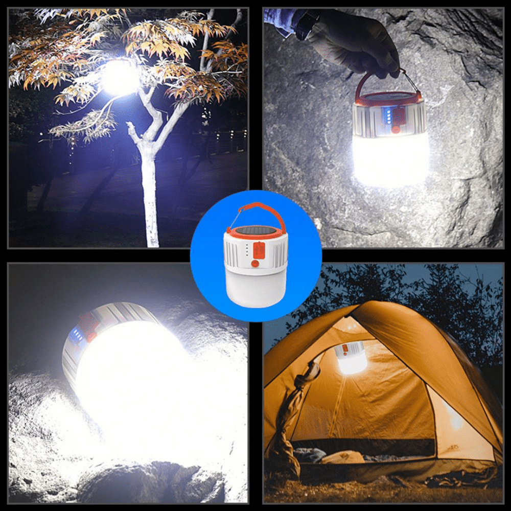 Una tienda de campaña con luces de camping instalada de noche.