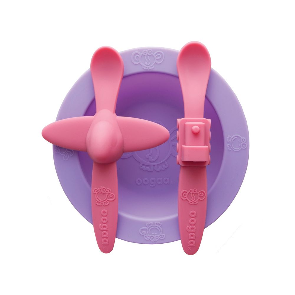 Plato de Silicona para bebés hondo con 2 Cucharas rosadas Oogaa