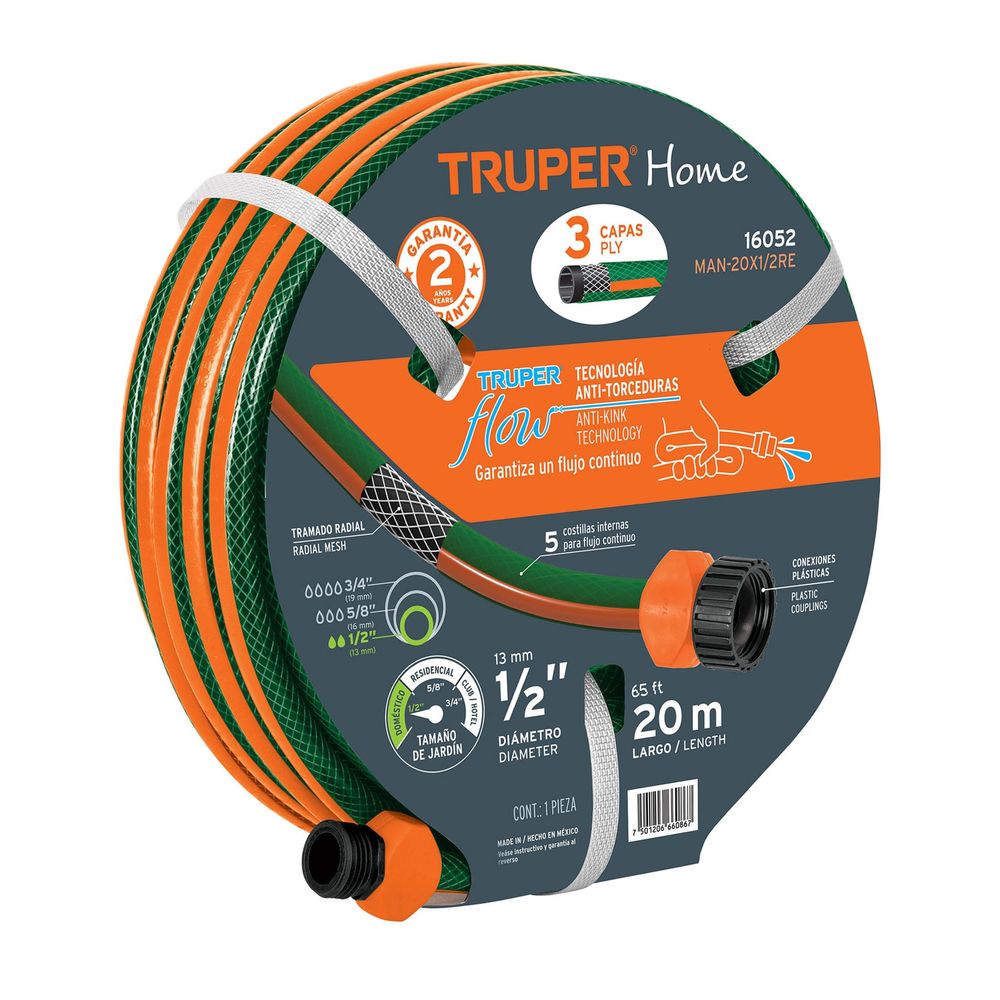 Manguera 1/2"" Reforzada 3 Capas 20 M Conexiones Plásticas Truper