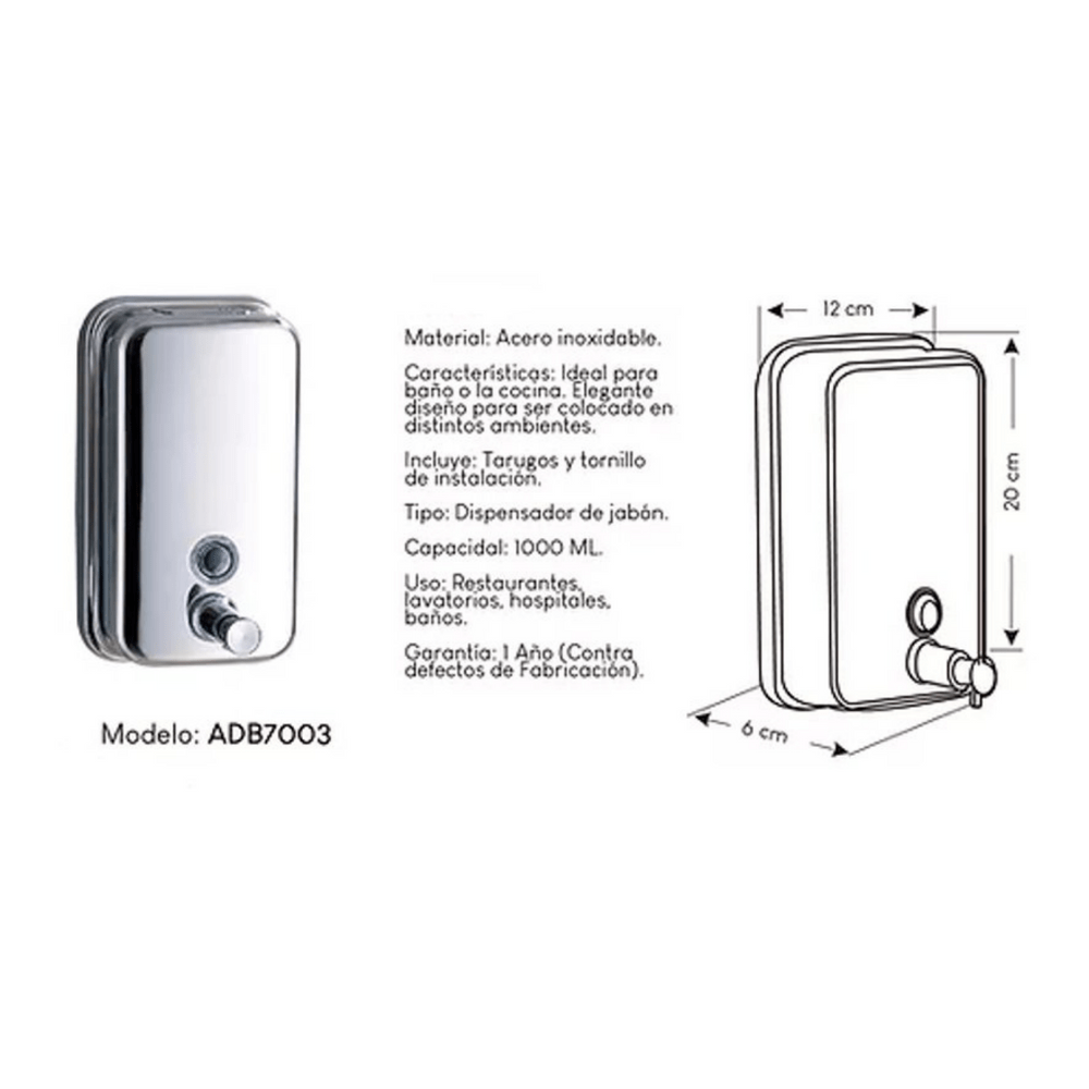 Dispensador de Jabón Líquido XM Acero Inoxidable 1 Litro