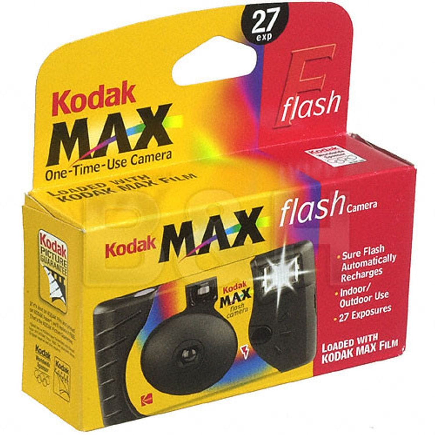 Paquete de cámara desechable Kodak Max Power de 1.378 in de un solo uso  (ISO-800) con flash, 27 exposiciones con paño de microfibra